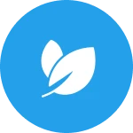 Minimalist leaf emblem in blue circle.